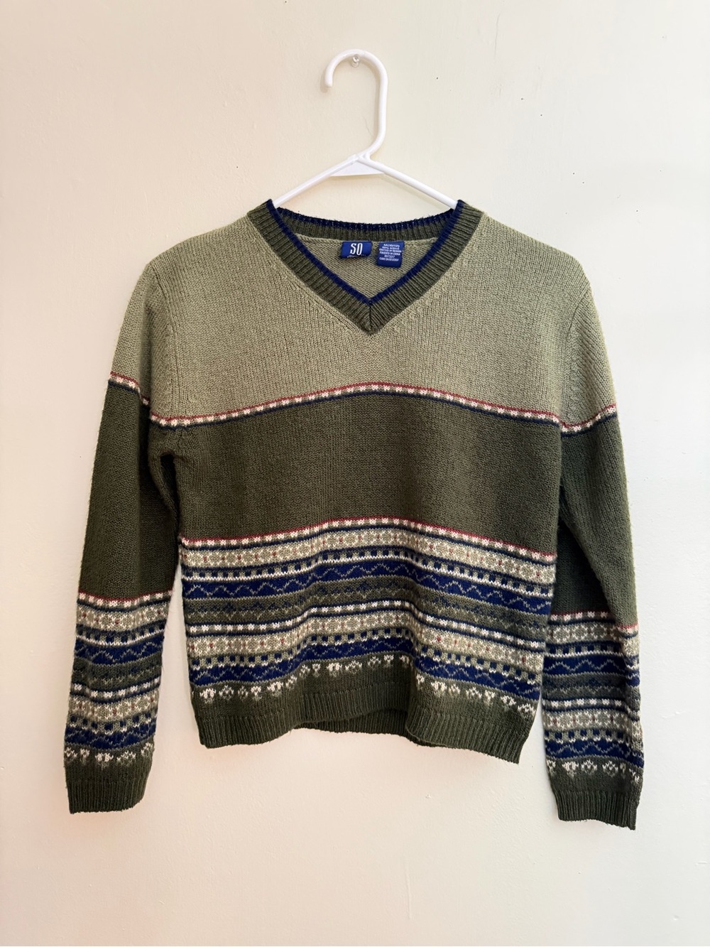 90s Vintage Green Patterned V-Neck Sweater